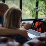 Persoon die op een laptop naar een streaming video kijkt